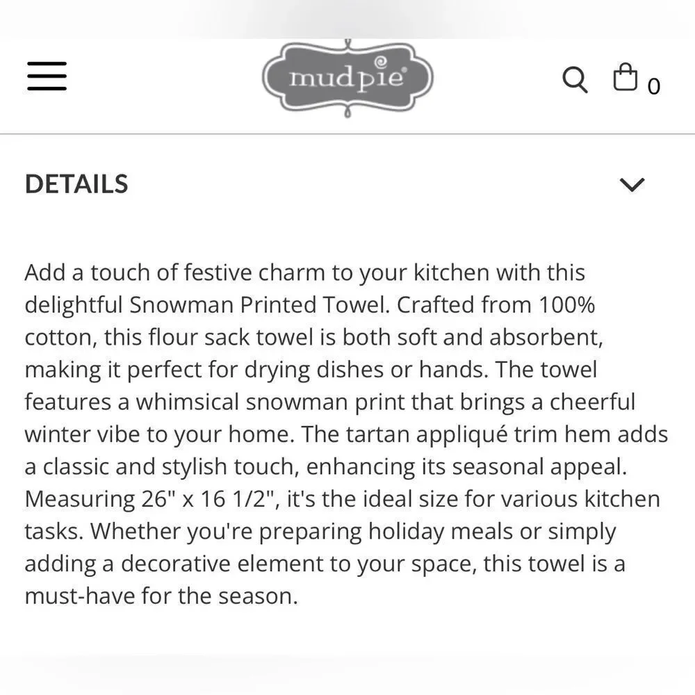 NWT Mudpie Celebrate The Season Snowman Printed Kitchen Towel